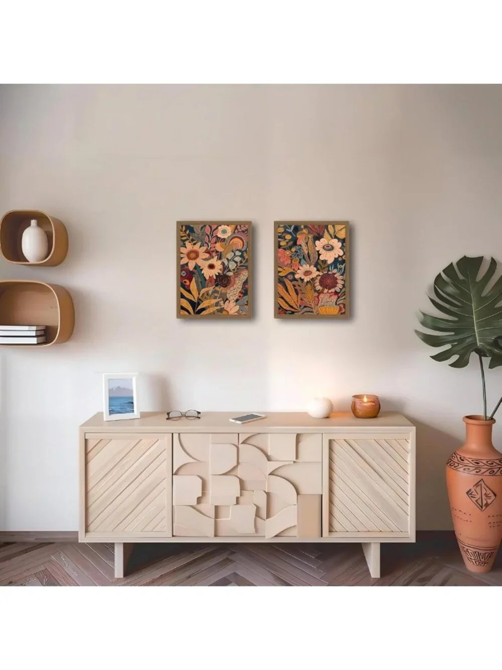 Set of 2 Orange Floral Canvas Wall Art - Bohemian Mid Century Decor for Home